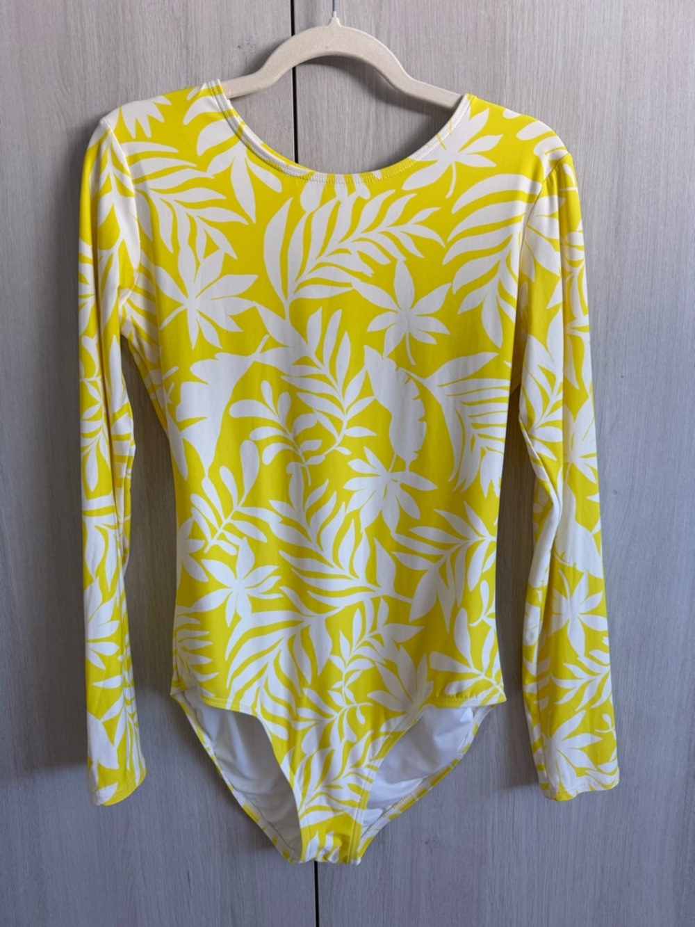kate spade Yellow & White Tropical-Print Long Sleeve Bodysuit Sz L